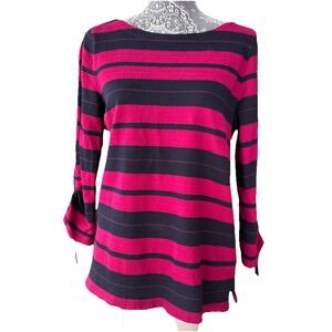 Talbots Medium Petite Purple Blue Stripe Boat Neck Ruched Sleeve Cotton Pullover